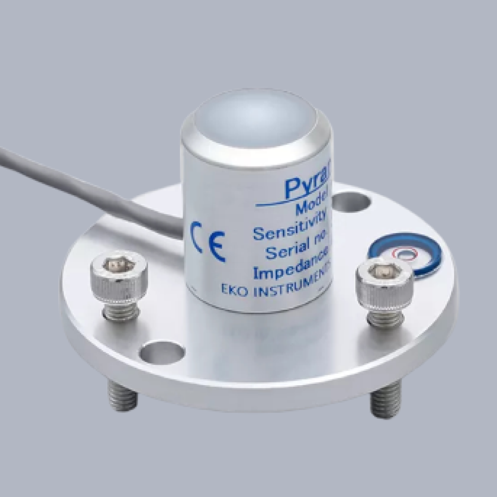 ML-01 silicon pyranometer with mounting plate and cable, shown on a light grey background.